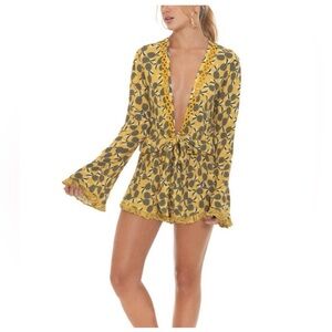 Agua Bendita Larissa Sunny Spring Yellow Tropical Floral Tie-Front Romper Size M